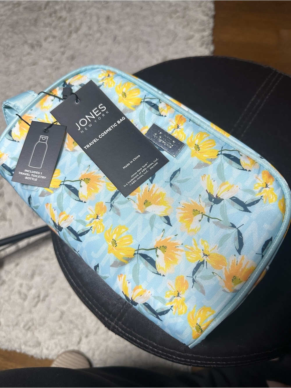 Jones New York Blue Floral Travel Cosmetic Pouch with Yellow Accents
